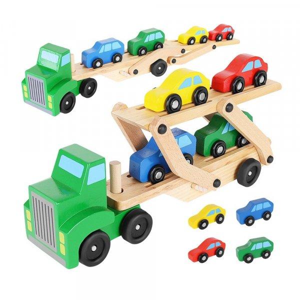 Fából készült 5 db-os autószállító játékkészlet - kamionnal,
pótkocsival és kisautókkal - élénk színekben (BB-9353)