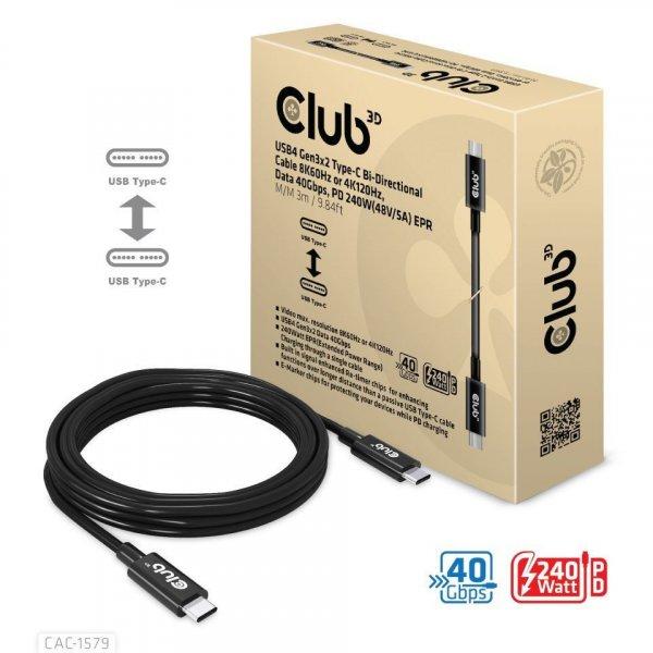 Club3D USB4 Gen3x2 Type-C Bi-Directional Cable 8K60Hz or 4K120Hz, Data 40Gbps,
PD 240W(48V/5A) EPR M/M Cable 3m Black