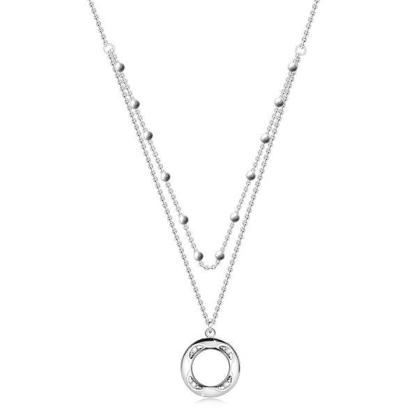 925 ezüst nyaklánc - dupla lánc, briliánsok, kivágott gyűrű, gyöngyök