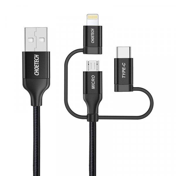 Choetech IP0030, MFi 3 az 1-ben töltőkábel, USB-A/Lightning/Micro USB/USB-C,
5 V, 1,2 m (fekete)