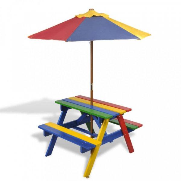 színes fa gyerek piknikasztal paddal és napernyővel