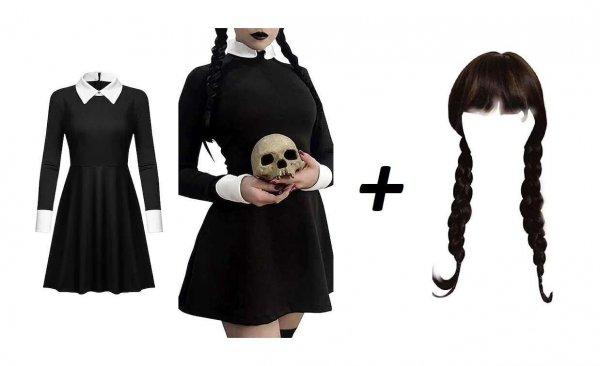 Wednesday Addams gyerek ruha  + paróka  6 éves 116/122 cm