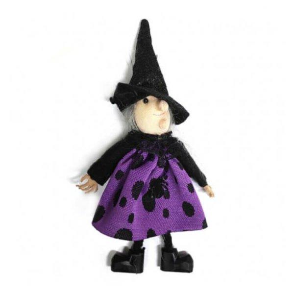 Halloween dekorációs figura (boszorkány fekete kalapban és lila ruhában)