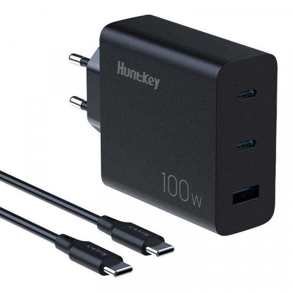 HuntKey P100 2x USB-C / USB-A Hálózati töltő - Fekete (100W)
