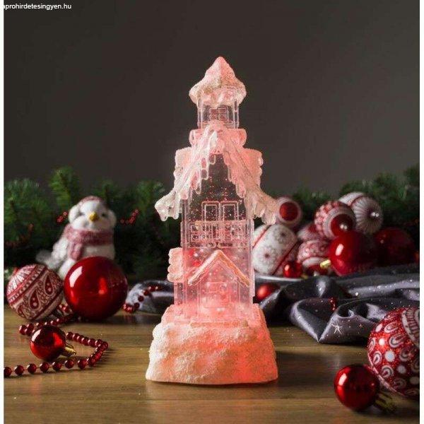 Karácsonyi dekoráció, PE, csillogó ház, LED, 2xAA, 9,5x9,5x25,5 cm