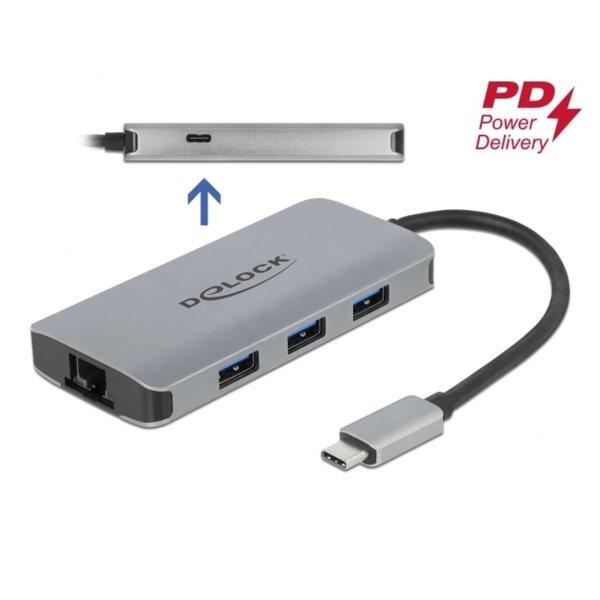 Delock USB 3.2 Gen 1 hub 4 porttal és Gigabit LAN-nel, valamint PD-vel (63252)