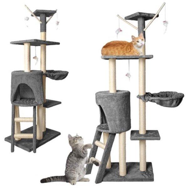 Macska mászóka kaparófával, fekvőhellyel,
kuckóval és játék egerekkel - 138 x 55 cm, szürke
(BB-7927)