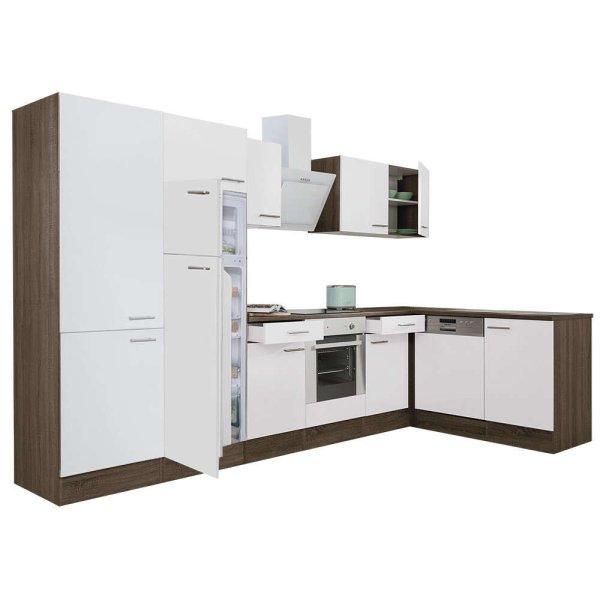Yorki 340 sarok konyhablokk yorki tölgy korpusz,selyemfényű fehér front
alsó sütős elemmel polcos szekrénnyel, felülfagyasztós hűtős
szekrénnyel
