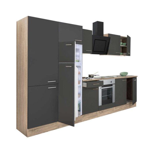 Yorki 330 konyhablokk sonoma tölgy korpusz,selyemfényű antracit front alsó
sütős elemmel polcos szekrénnyel és felülfagyasztós hűtős szekrénnyel