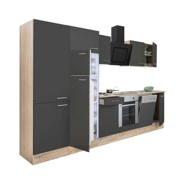 Yorki 340 konyhablokk sonoma tölgy korpusz,selyemfényű antracit front alsó
sütős elemmel polcos szekrénnyel és felülfagyasztós hűtős szekrénnyel