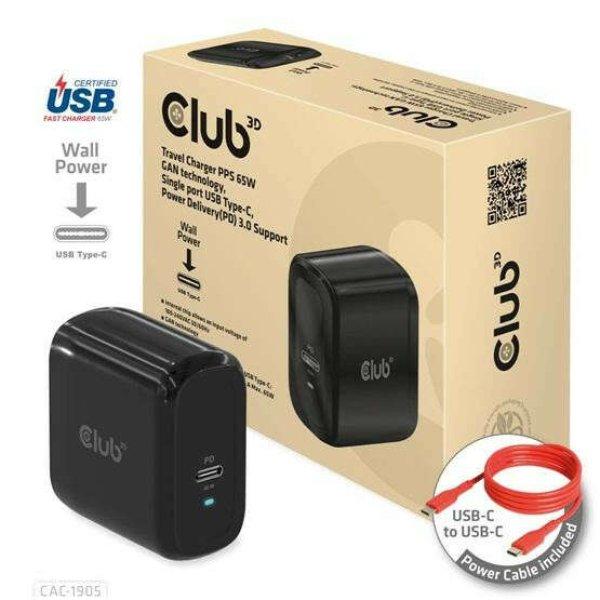 CHG Club3D PPS 65W GAN technology, Single port USB Type-C, Power Delivery(PD)
3.0 Support - Hálózati töltő