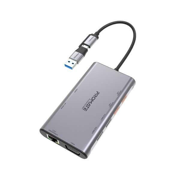 Promate USB Hub, PRIMEHUB MST (USB-C 9in1 HUB, 2x4K HDMI, VGA, 2xUSB 3.0, 1xUSB
2.0, 2xUSB-C, RJ45, adapter, szürke)