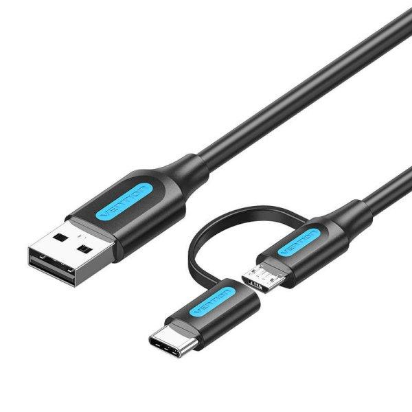 USB 2 az 1-ben USB 2.0 – USB-C/Micro-B USB-kábel Vention CQDBF, 1 m (fekete)