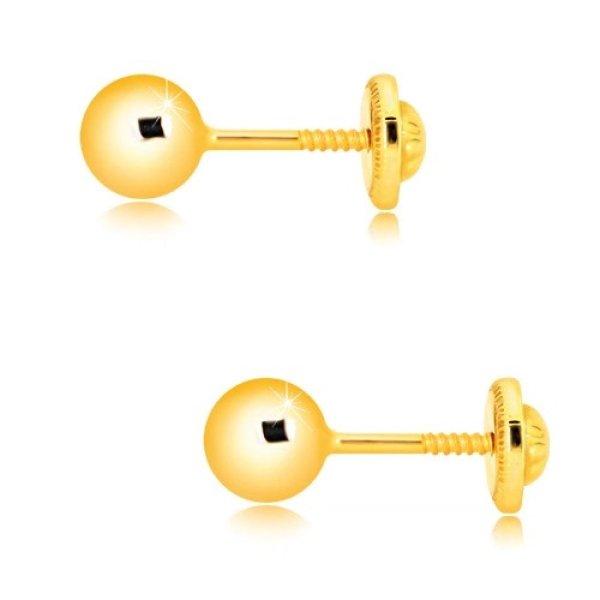 585 sárga arany fülbevaló - egyszerű fényes gyöngy, menetes stekkerrel, 5
mm
