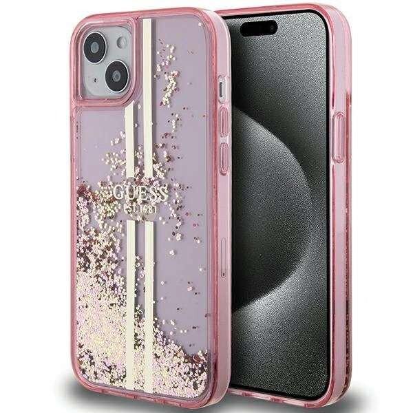 Guess Liquid Glitter arany csíkos tok iPhone 15 / 14 / 13 - rózsaszín