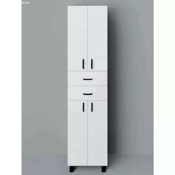 MART 45 cm széles polcos álló fürdőszobai magas szekrény, fényes fehér,
fekete kiegészítőkkel, 4 soft close ajtóval és 2 fiókkal
