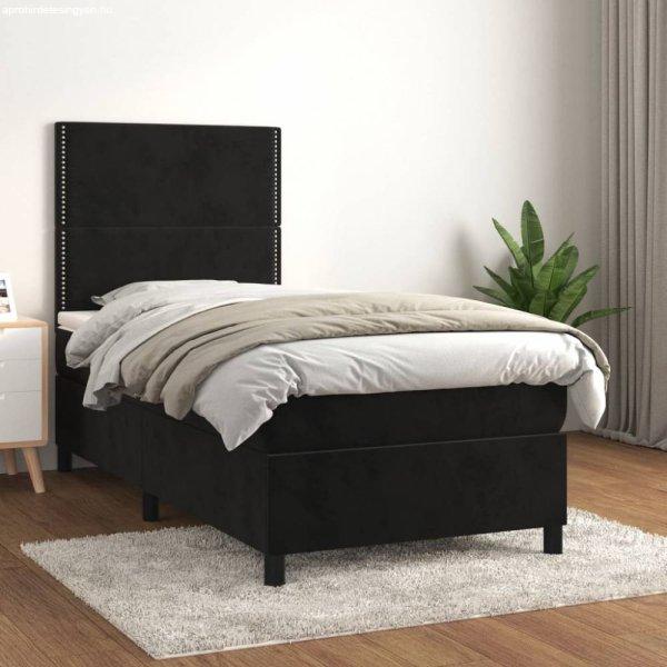 Fekete bársony rugós ágy matraccal 90 x 200 cm