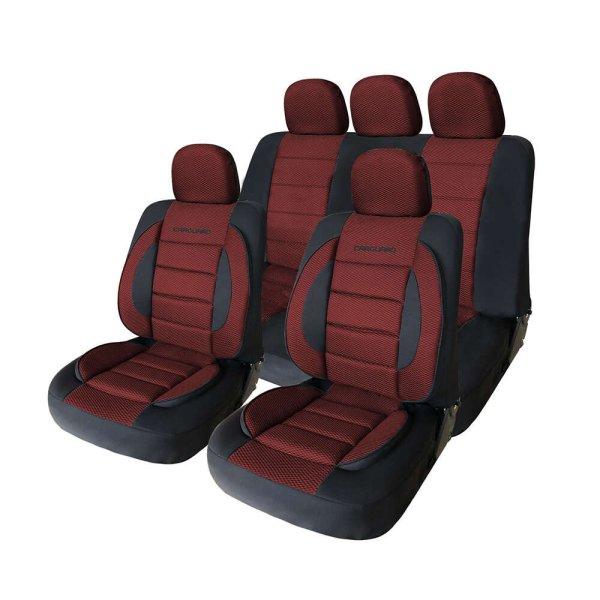 11 db Auto Mercaton® PremiumLux üléshuzatból álló készlet, 3D
textúrájú textilszövet, deréktámasz az első ülésekhez, szivacs töltet,
5 mm-es hab, piros