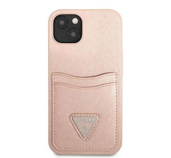 Guess Saffiano Double Card iPhone 13 mini bőr hátlap tok, rózsaszín