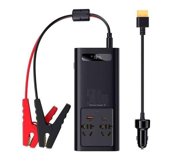 BASEUS szivargyújtós inverter (2 AC, USB, Type-C, 240V CN/EU, 5V/3A, 500W, LED
jelzés + indítókábel) FEKETE