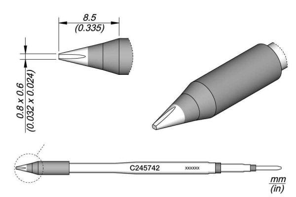 JBC Tools C245742 forrasztóhegy, véső forma, egyenes 0.8 x 0.6 mm, hossza 8.5
mm