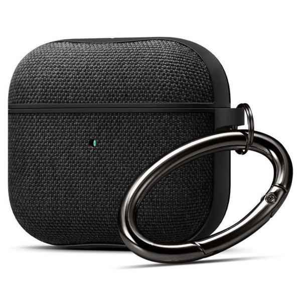 Bluetooth fülhallgató töltőtok tartó, műanyag tok, textil bevonat,
vezeték nélküli töltés támogatás, karabiner, Apple AirPods 3
kompatibilis, Spigen Urban Fit, fekete (110341)