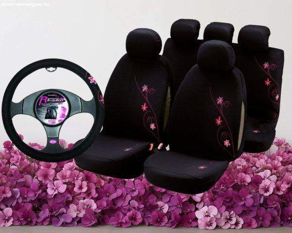 Csajos Üléshuzat + Kormányvédő Oriental Rózsaszín Virágos