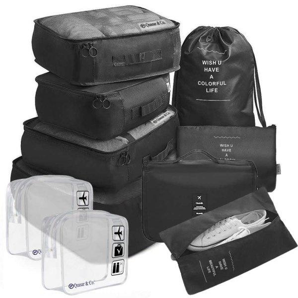 8 csomagrendező huzatból és 2 kozmetikai utazótáskából álló készlet,
Quasar & Co., bőrönd/kocsi rendszerezők, fekete