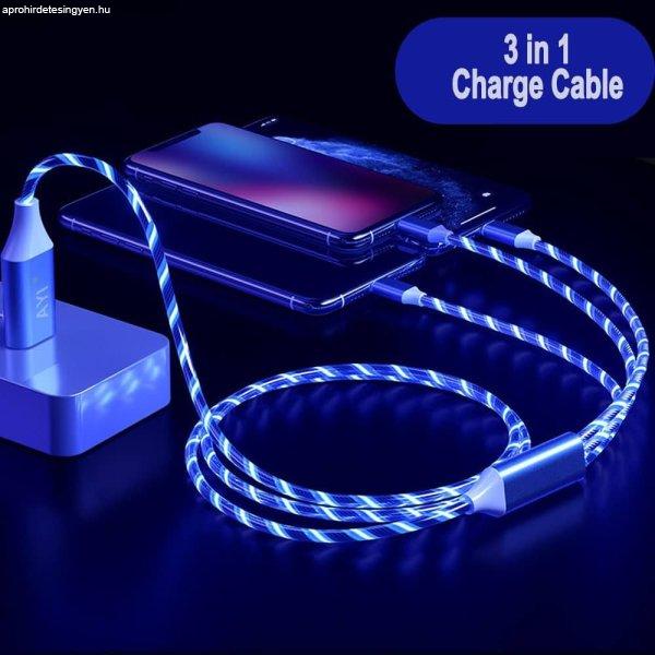 3in1 Micro USB + Type C + Apple LIGHTNING világító LED töltőkábel kábel -
kék színben